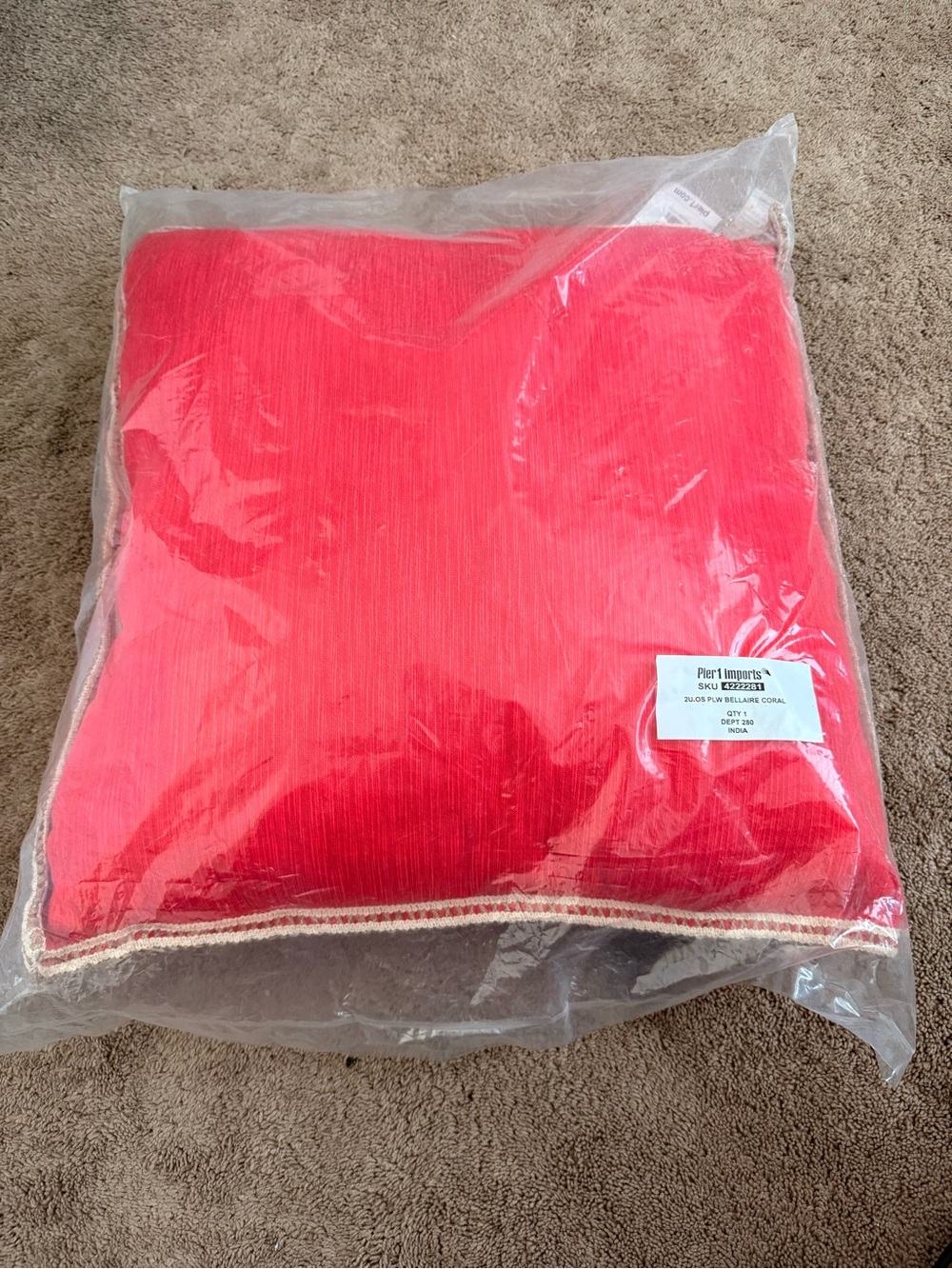 Pier 1 Imports Bellaire Coral Decorative Throw Pillow Coral with Cream Trim NWT